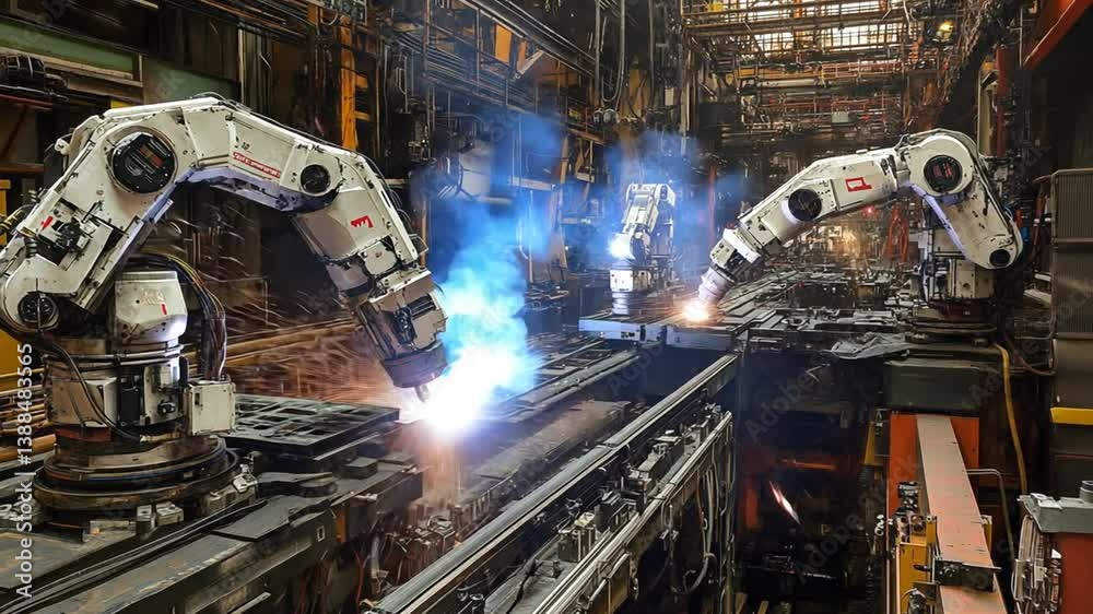 Poster robots weld components in a busy production line setting generative ai