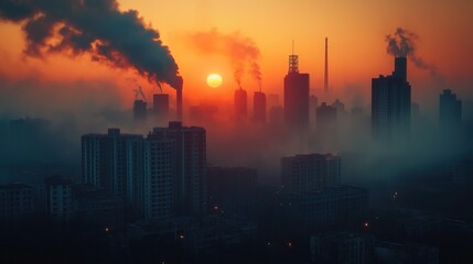 Hazy urban skyline engulfed in smoke, symbolizing severe air pollution from industrial activity and vehicle emissions