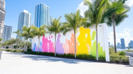 Obraz premium Vibrant urban mural, colorful splashes on a white wall, framed by palm trees and modern buildings, creating a lively urban landscape