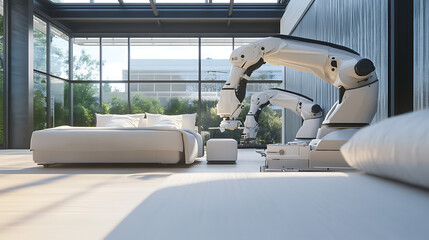 Mechanical arms constructing personalized 3D printed home interiors in an advanced design studio, robotic arms printing and assembling custom furniture pieces, 3D printing home decor style