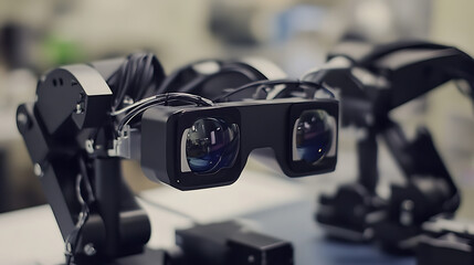 Naklejka premium Mechanical arms constructing precision optical lenses for augmented reality headsets in a high tech lab, robotic arms fitting lenses and micro-displays with extreme accuracy, AR/VR innovation style