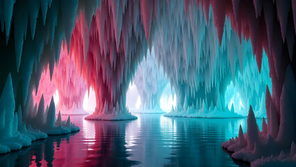 Abstract Crystalline Cavern Background with Emerald Magenta Transition and Kaleidoscopic Light Patterns for Modern Wallpaper & 3D Art
