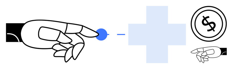 Obraz premium Robotic hand touching blue dot, large medical cross, coin with dollar sign, smaller robotic hand. Ideal for technology, innovation, automation, healthcare finance AI futuristic systems. Flat