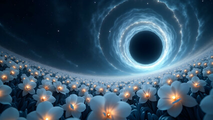 Surreal Space-Time Distortion Backdrop Featuring Glowing Orchids and Twinkling Stars for Sci Fi Banners & Decorations