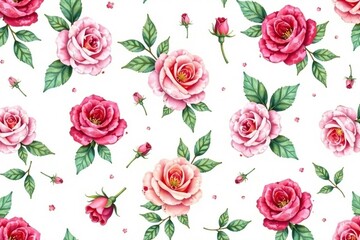 Naklejka premium Delicate watercolor roses and leaves, repeating pattern , repeat, rose, floral