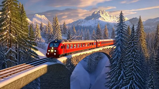 Scenic winter train journey across a snow-covered bridge