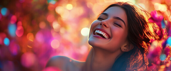 Portrait of a beautiful woman smiling, happy and joyful on a colorful bokeh background