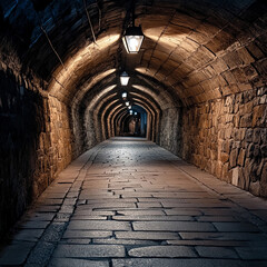 Fototapeta premium Embark on an Adventure Through a Long Underground Tunnel Featuring Smooth Stone Walls That Carve a Pathway to Hidden Urban Mysteries and Timeless Tales