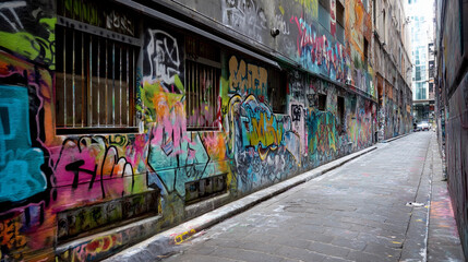 Fototapeta premium Immerse Yourself in Urban Artistry as an Alley Wall Covered in Vibrant Graffiti Transforms a Run-Down Space into a Dynamic Canvas of Colorful Expression and Creative Energy