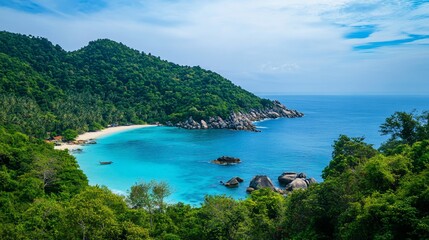 Obraz premium Secluded Tropical Cove: Azure Waters and Lush Greenery