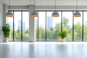 Modern open-plan office with city views.  Spacious, minimalist interior design with large windows showcasing a lush green landscape beyond.  Neutral tones create a serene and productive workspace