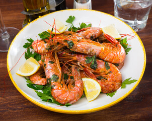 Grilled shrimps with lemon and parsley. High quality photo