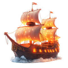 A Fluffy 3D Cartoon Pirate Ship with Glowing Sails and Lights Isolated on Transparent Background