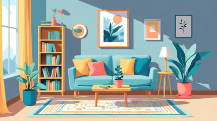 clean and stylish living room design with pastel tones couch and bookshelf in flat style premium flat illustration