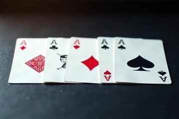 Obraz premium Playing cards arranged in a row, showing an ace of each suit , spades, clubs