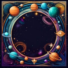 border frame of planets and stars background with copy space, science graphic resource