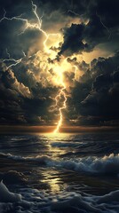Dramatic Lightning Strike Over Ocean at Dusk