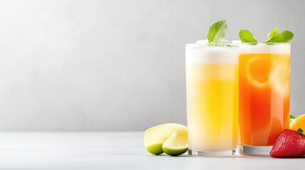 Fototapeta premium Refreshing summer drinks in tall glasses. Two vibrant, icy beverages, one pale yellow, the other a peachy orange, are garnished with fresh mint leaves. 
