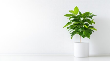 A lush green indoor plant in a white ceramic pot, placed against a minimalistic white wall, and showcasing simplicity and modern home decor.