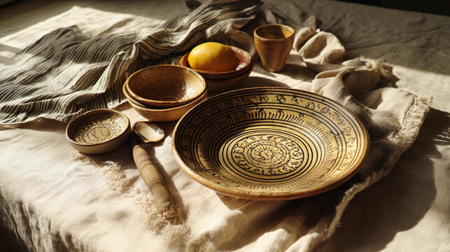 Celebrate Timeless Craftsmanship with a Handcrafted Pottery Plate on Natural Linen, Merging Artisan Techniques with Rustic Elegance for a Stunning Table Display