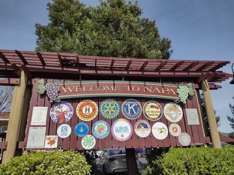 Welcome to Napa Sign Large billboard wood logos of Kiwanis international, Order Eastern Star,  Independent order of odd fellows, Free and accepted masons and more  April 6, 2025, Napa, California, USA