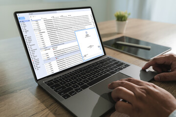 Email message communication man Hands typing on laptop open email and chat business communication...