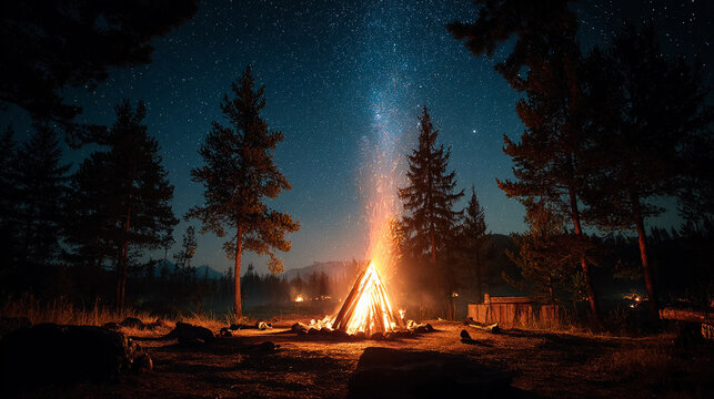 Experience the warm campfire glow under a starlit sky, where cozy gatherings, gentle flickers of flame, and the magic of the night create unforgettable moments of connection and wonder.