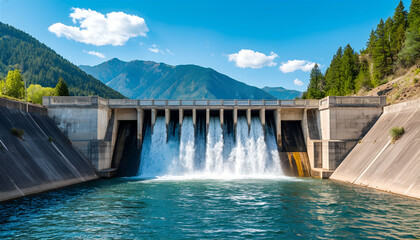 Water Flowing from Dam Landscape on a Sunny Day