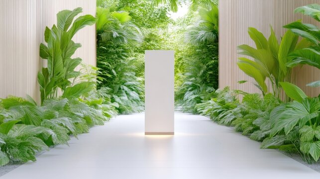 A tall, white rectangular display stands in a lush, indoor garden. Lush green foliage borders a bright, clean floor. The image is high-quality, with even lighting. Its minimalist style conveys seren