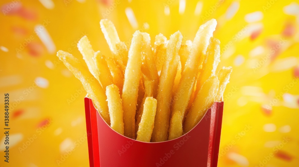 Poster crispy golden french fries in red container surrounded by colorful splashes of joy and energy
