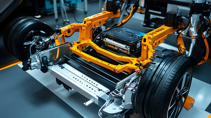 Fototapeta premium Mechanical arms constructing robotic arms for autonomous electric vehicle assembly in an automotive lab, robotic arms fitting electric motors, battery packs