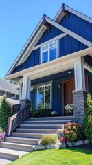 A beautiful modern house exterior with a blue painted facade