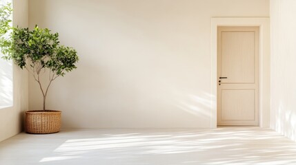 Minimalist, sun-drenched interior, featuring a neutral color palette, a potted plant, and a wooden door