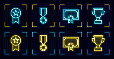 Achievement symbol set, cyber neon visual, glowing border grid vector.