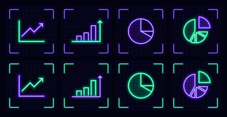 Businness graphs symbol set, cyber neon visual, glowing border grid vector.