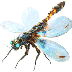Mechanical Dragonfly with Transparent Wings and Glow Isolated on Transparent Background