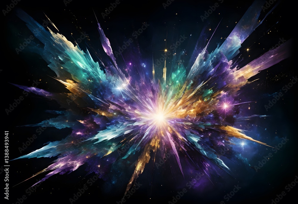 Poster abstract light burst. shimmering particles dance against the darkness. crystals reflect hues. a capt