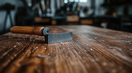 Wooden smoothing plane on rustic workbench