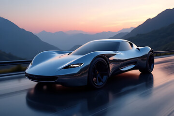 Futuristic sports car racing at sunset mountain road digital artwork dramatic atmosphere angled view