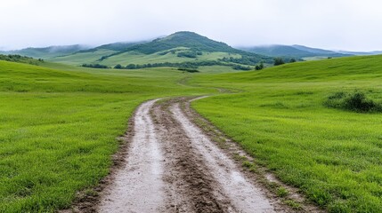 A muddy road winds through a verdant field. Rolling green hills and a distant mountain form the backdrop. The image is well-lit, exhibiting high resolution. Its style is peaceful and serene the color