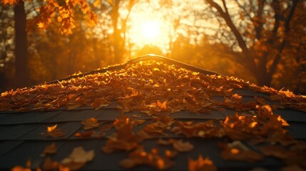 Autumn leaves covering gazebo roof, sunset park