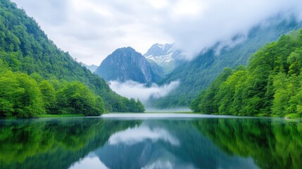 Fototapeta premium A serene lake reflects lush green mountains shrouded in mist. The image shows a tranquil scene with vibrant greenery and calm water. High resolution, natural lighting creates a peaceful mood. The st