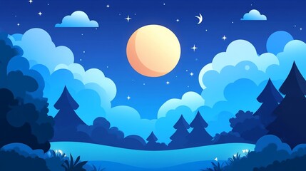 Serene Nighttime Forest Landscape: Moonlit Trees and Clouds