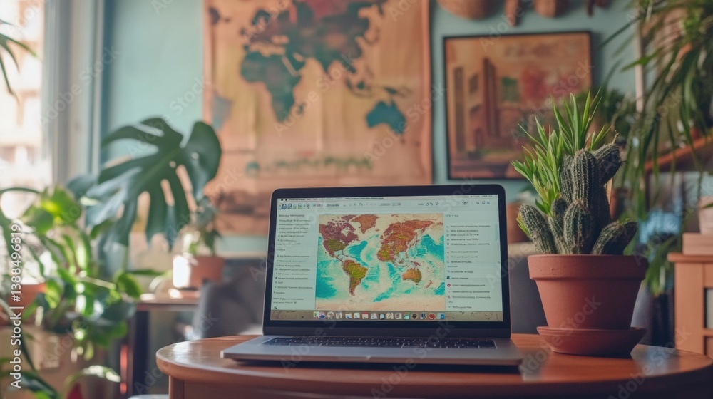 Poster virtual language learning experience in a modern educational setting with travel posters and plants