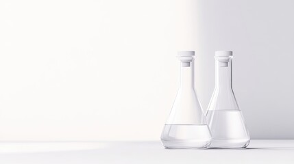 Two Erlenmeyer flasks, partially filled with clear liquid, sit on a white surface. The image features soft lighting and a minimalist style. It uses a clean, white background. The high-resolution im