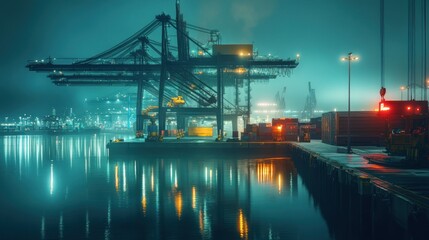 Cargo Port Cranes Loading Containers at Night with Water Reflection