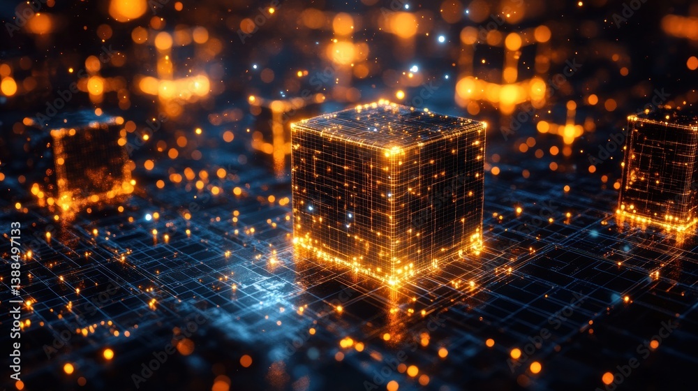 Poster illuminated glowing cube hovering above intricate circuit board backdrop depicting advanced technolo