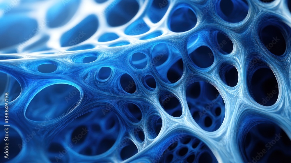 Poster a mesmerizing intricate interconnected web of blue shapes resembling organic cell structures providi