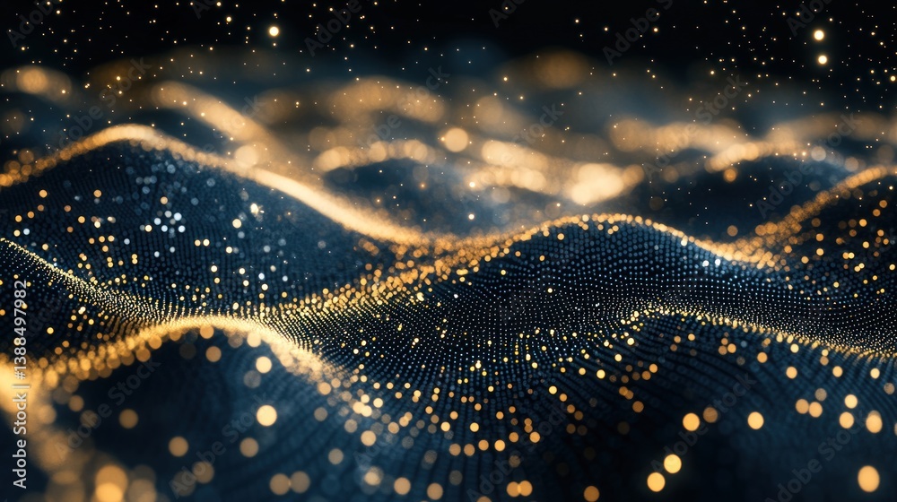 Poster abstract dark gradient backdrop with glowing dots creating undulating waves mimicking a digital spac