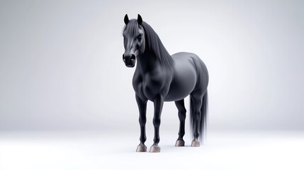 A black horse, powerfully built with a flowing mane and tail, stands centrally in a minimalist setting. The image features clean lines and even lighting. Its style is realistic, yet digitally render